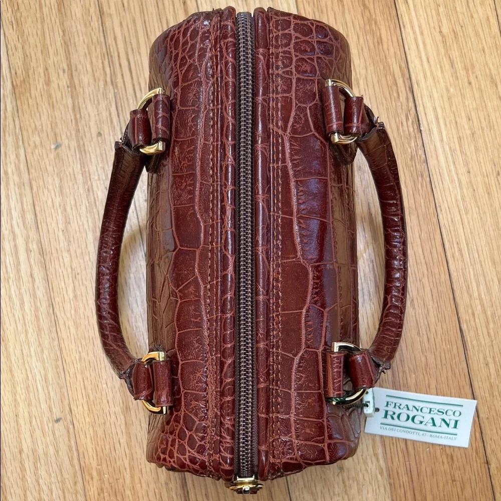 Italian Croc-Embossed Mini Satchel Burgundy/Brown Top-Handle Bag - Picture 3 of 7